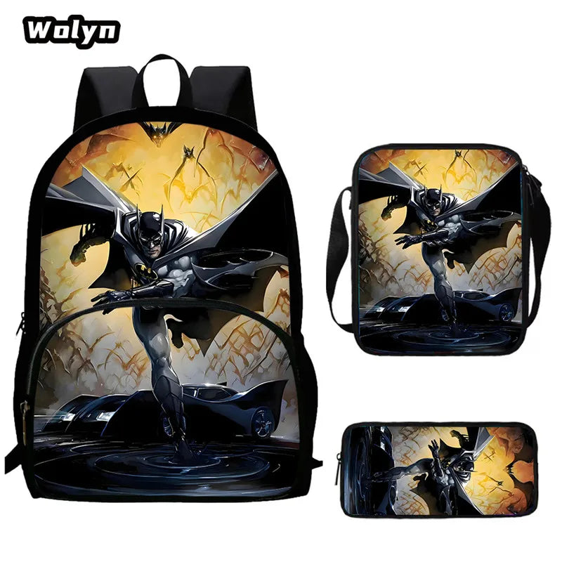 Cartoon Super Hero B-BatmanS LOGO Child Backpack,Shoulder Bag,Pencil Bag for 4-8 Years Old Anime School Bag for BoyGirl BestGift