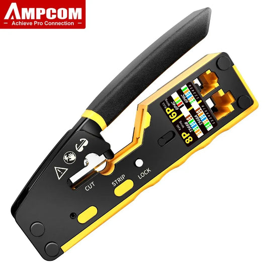 AMPCOM EZ-Type RJ45 Network Crimper - 3-in-1 Crimp/Cut/Strip Lan CAT8/7/6A/6/5E (STP/UTP) & RJ11/12 Tel Modular Cable (AM-6088)