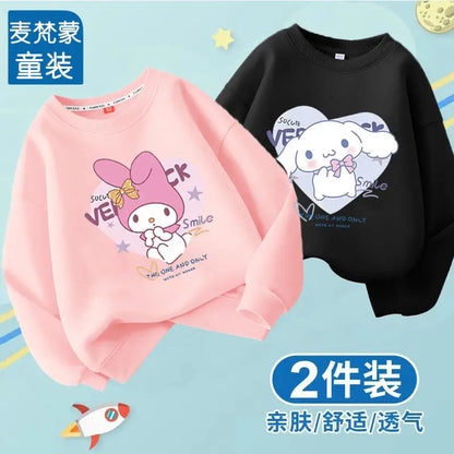 Cute Girl Kuromi Hoodies Kawaii Cinnamoroll Pullover  Two pieces Round neck Sweatshirts Cartoons Children Casual  Kids Clothes