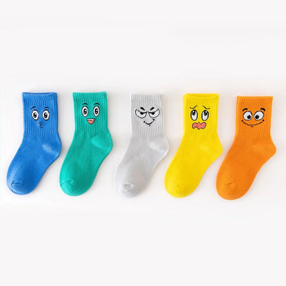 5 Pairs Kids Socks Emoticons Funny Face Pattern Comfortable Breathable Boys Girls Socks