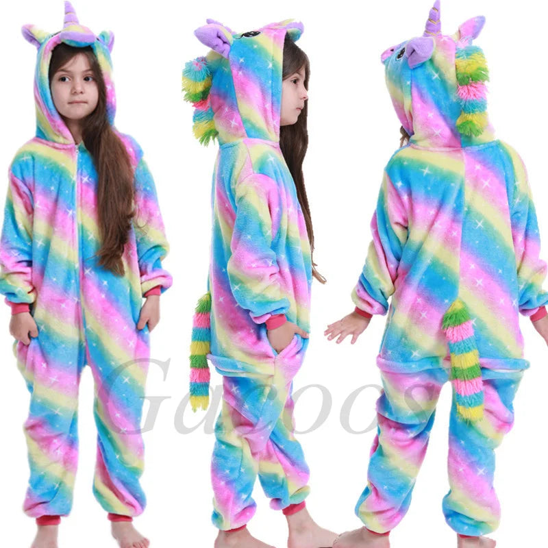 Unicorn Kigurumi for Kids Onesies Winter Flannel Warm Pajamas Animal Lion Dinosaur Hooded Sleepwear Jumpsuit Cospaly Costumes