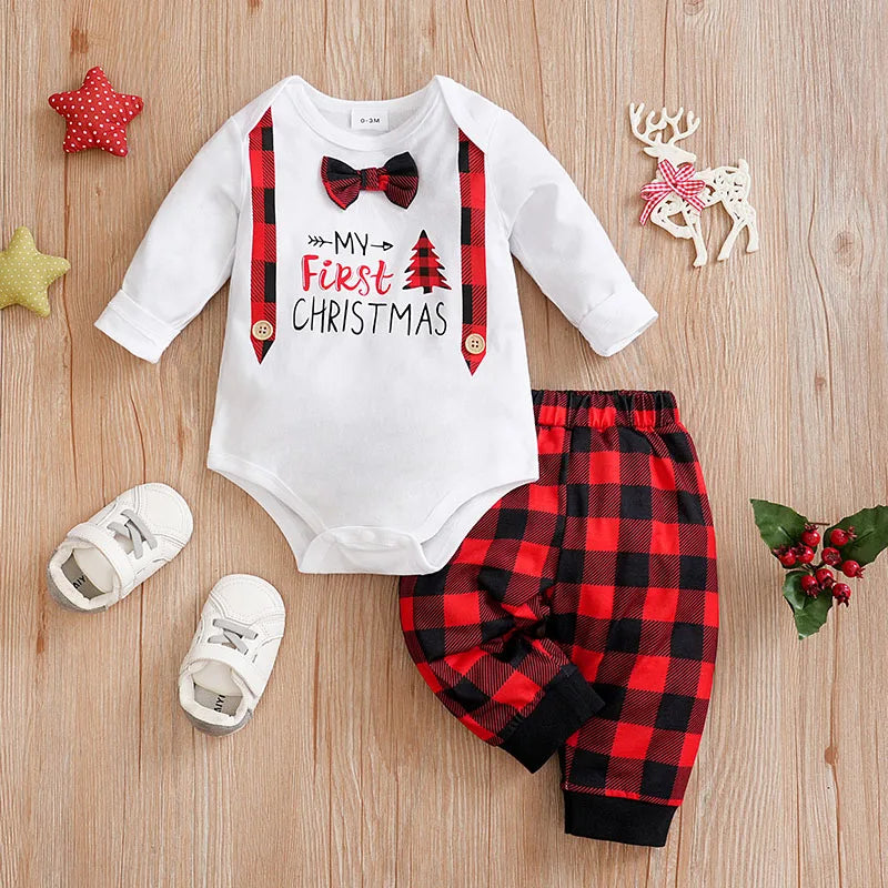 Christmas Letter Newborn Clothes Comfortable 0-18 Boys And Girls Spring And Autumn Long Sleeved Baby Triangle Jumpsuit+Pants Set