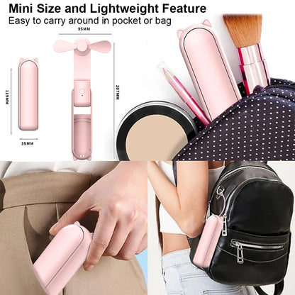 Portable Fan 2000mAh USB Rechargeable 3 Speed Mini Handheld Foldable Fan Hand Held Small Pocket Travel Fan with Handy Power Bank