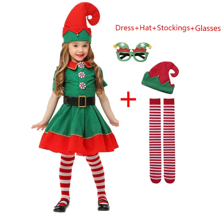 Christmas Kids Clothes Baby Cosplay Green Elf Santa Costume Toddler Xmas Suit Jumpsuit Outfit For Boys Girls Carnival Party