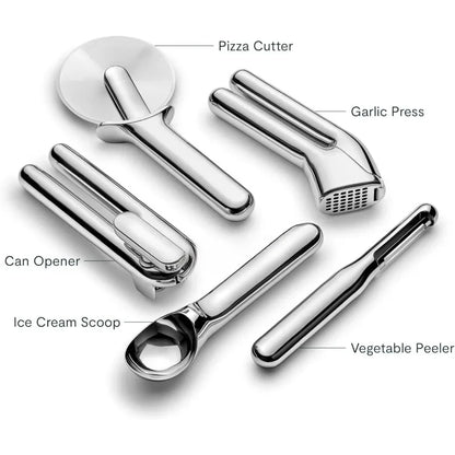 Kitchen Gadget Set - 5 Piece Kitchen Essentials - Stainless Steel - Includes Can Opener, Pizza Cutter, Garlic Press