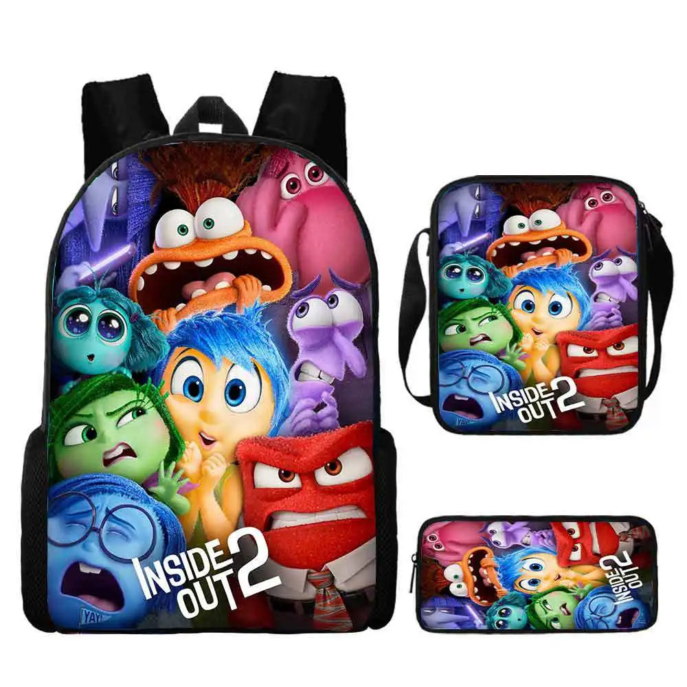 3pcs set Disney School Inside Cartoon Out Printing Backpack with Satchel Pencil Case, Kids Bags Custom Large Capacity Backpack