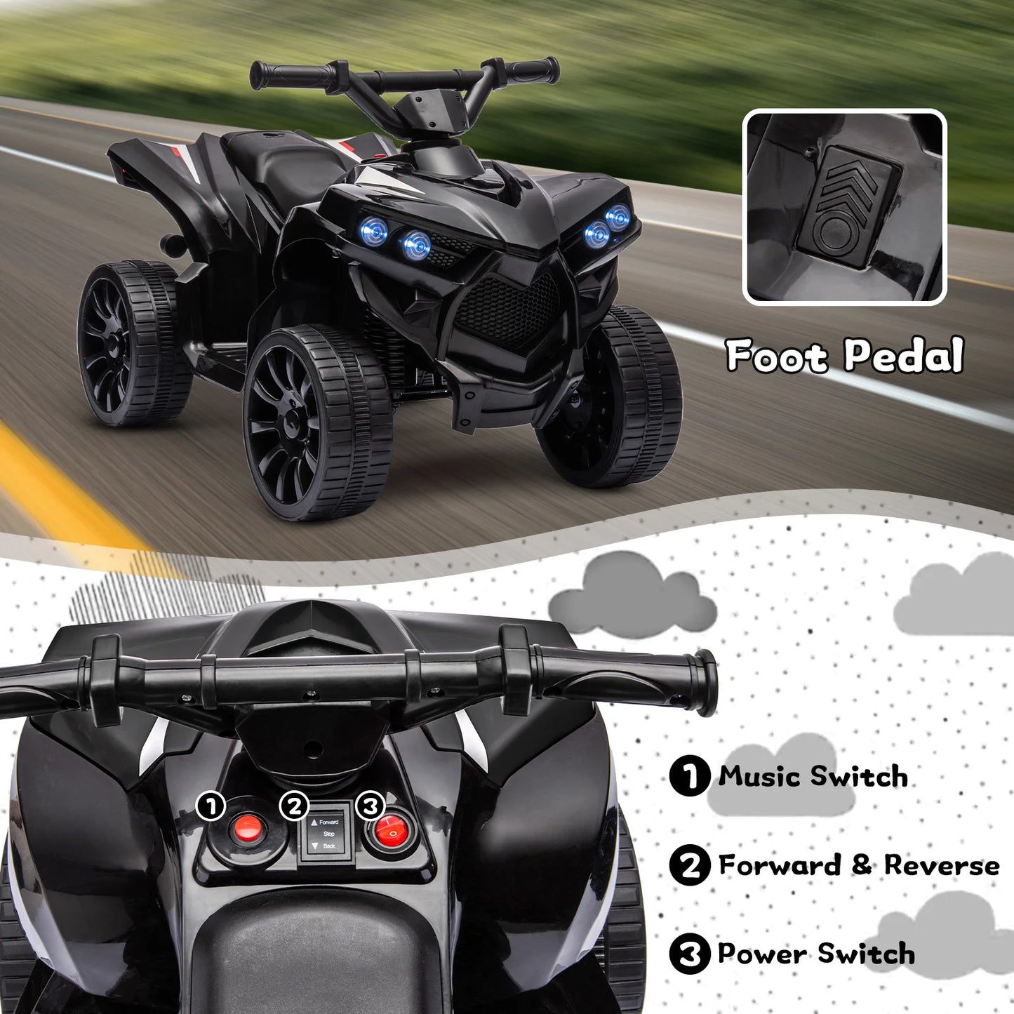 Kids 6V ATV, Ride on Quad Car Toy with LED Lights, Music, Foot Pedal Wear-Resistant Wheels, Battery Powered Electric Vehicle