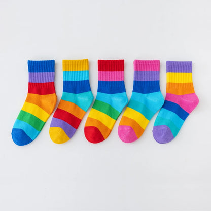 5 Pairs Girl's Rainbow Pattern Socks Cotton Comfortable Breathable Soft Kids Socks