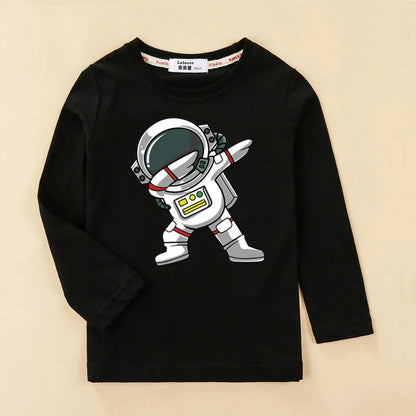 Kids Astronaut Cartoon Clothes Baby Boys Cotton Shirt Long Sleeved Cotton T-shirt Children Spaceman Tops 3-14T