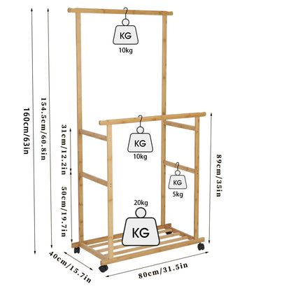 Bamboo Clothes Rail Rack Double Hanging Rails Clothes Rack on Wheels Free Standing Garment Rack with Storage Shelves Coat Rack