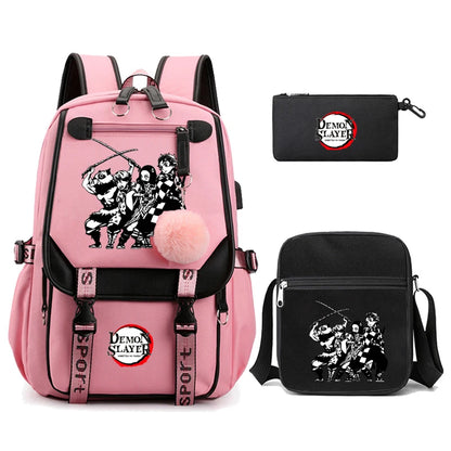 3Pcs/set Anime Kamado Nezuko Demon Slayer Backpacks for Girls School Bag Teenager Student Canvas Laptop Back Pack Women Rucksack