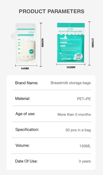 30Pcs 150/250ML Breast Milk Storage Bag Disposable Small Capacity Frozen Milk Storage Bag BPA Free