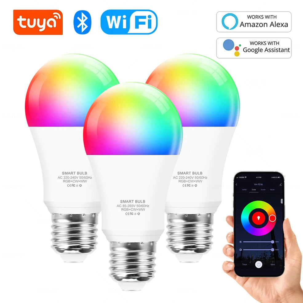 Tuya Wifi E27 Led Lamp RGB CW WW 15W Bluetooth Led Light Bulb Works with Alexa Amazon Google Home for Smart Life Decoration