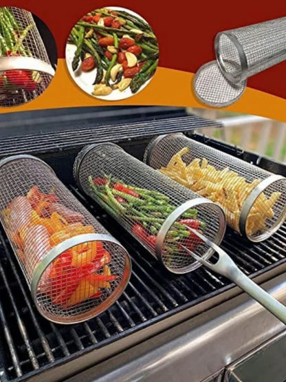 BBQ Basket Stainless Steel Rolling Grilling Basket Wire Mesh Cylinder Cylindrical Portable Round Outdoor Camping Barbecue Rack