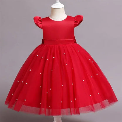 Toddler Girl Red Christmas Princess Dress Cute Baby Girl 1st Birthday Party Tutu Gown Newborn Backless Bow Beading Xmas Costume