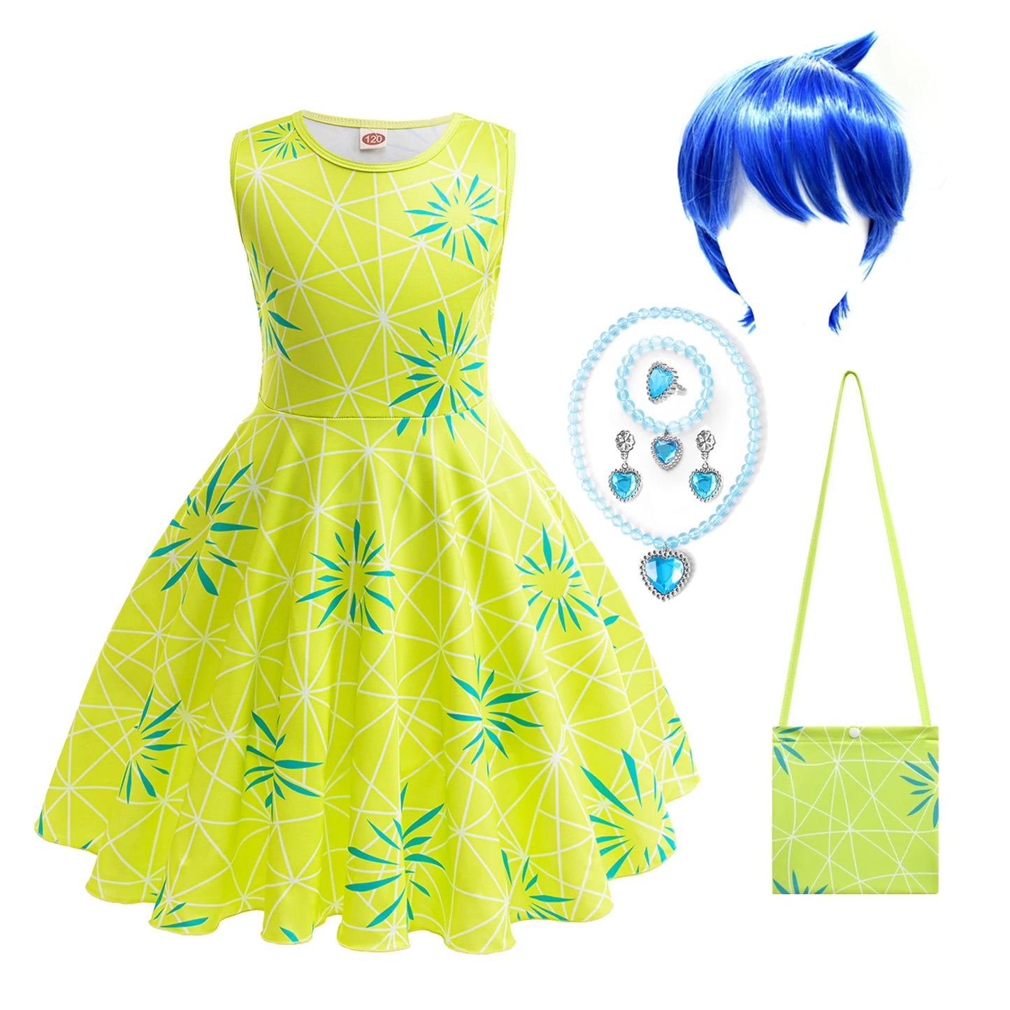 Movie Inside Out Joy Cosplay Costume Princess Dress+Wig For Kids Girls Halloween Carnival Birthday Green Printed Party Frocks