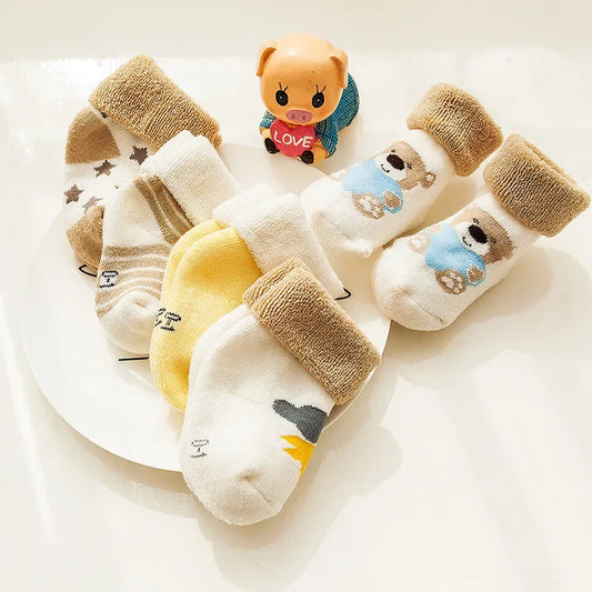 5 Pairs Autumn Winter Warm Strip Baby Sock Cute Cartoon Dot Thick Infant Floor Sock Soft Star Pattern Newborn Toddler Sock