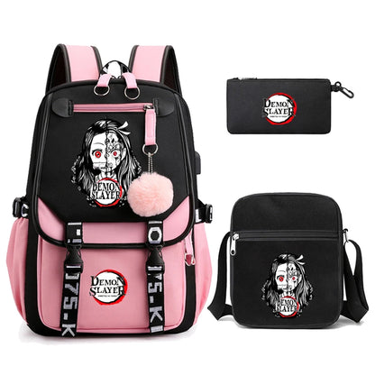 3Pcs/set Anime Kamado Nezuko Demon Slayer Backpacks for Girls School Bag Teenager Student Canvas Laptop Back Pack Women Rucksack