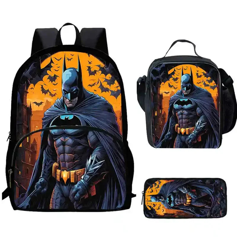 Cartoon Super Hero B-BatmanS School Backpack,Lunch Bags,Pencil Bags for 4-8 Years Old,Cartoon School Bags for Boy Girl Best Gift