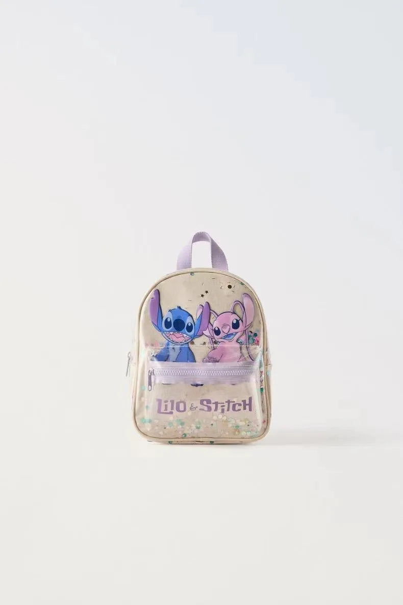 New Disney Off-white Stitch Printed Transparent Sequin Star Decoration Cute High-quality Backpack for Boys and Girls