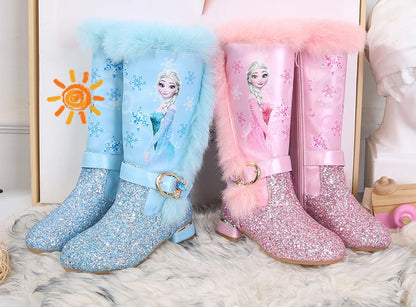 Disney Girls' High Heel Boots Winter Children's High Sleeve Plush Snow Warm Boots Princess Elsa Long Pink Blue Boots Size 26-37