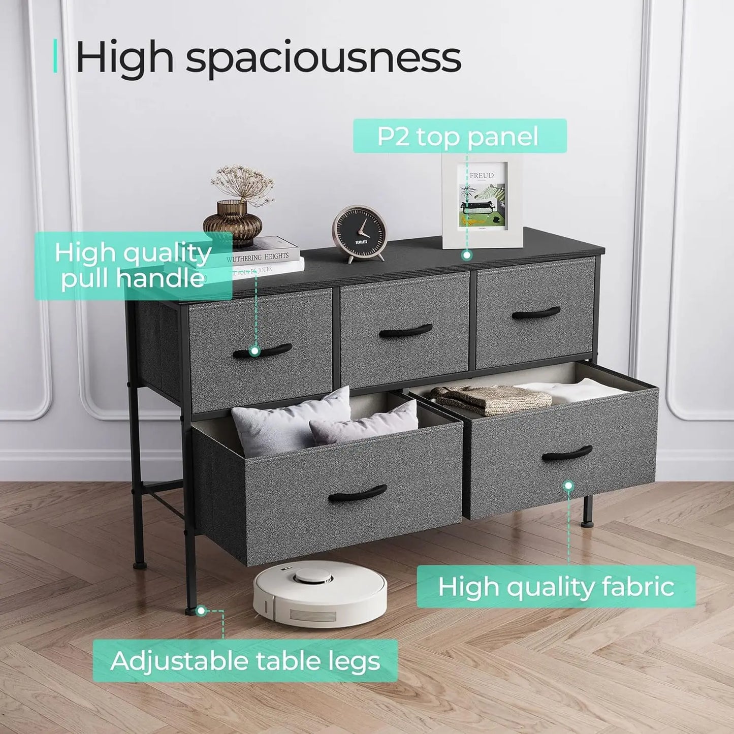 HOME Dresser for Bedroom with 5 Drawers, Fabric Long Dresser, Wide Chest of Drawers, Storage Organizer Unit for Closet,