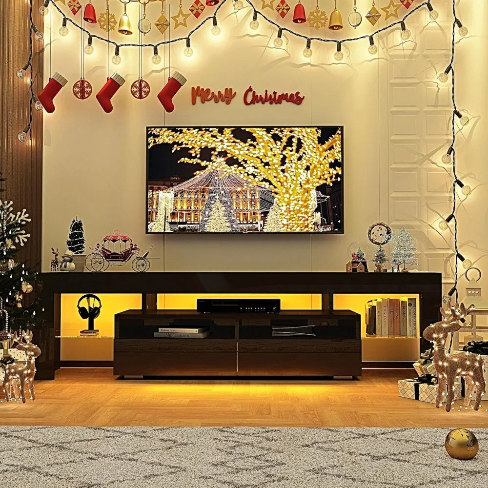 63in TV Stand 65/70 inch TV,Modern LED TV Stand Living Room,Black Stand,High Gloss Entertainment Center Storage Drawer