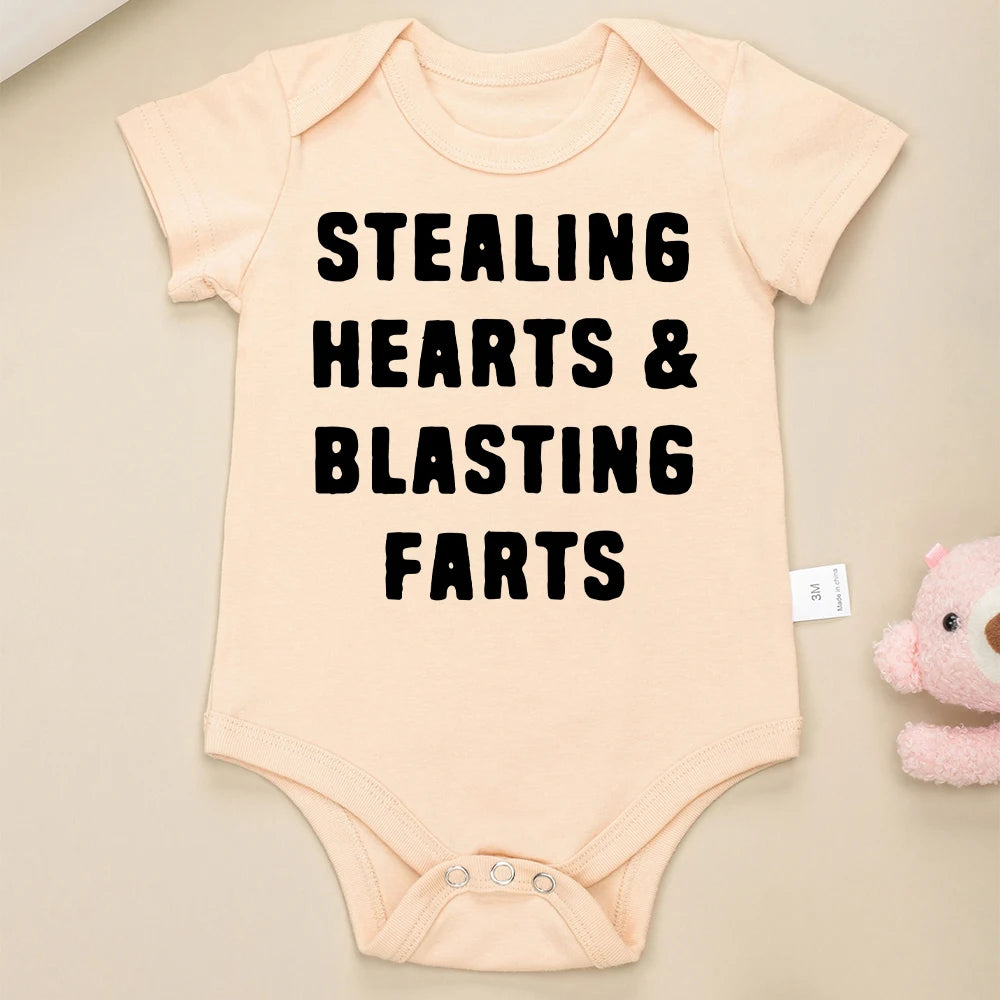 Creative New Baby Girl Boy Cotton Onesie Stealing Hearts and Blasting Farts Letter Print Funny Infant Clothes Comfy Breathable