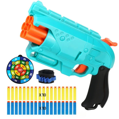 Kids 6-Shot Soft Bullet Gun with 20 Bullets Target Wristband Nerf Blaster Toy Gun Indoor Outdoor Shooting Dart Blaster Gift