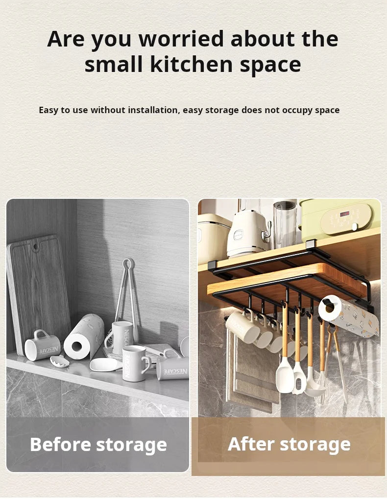 Spacesaving Kitchen Cutting Board Shelf, Undercabinet Hanging Rack for Utensils and Cooking Accessories  Easy Installation