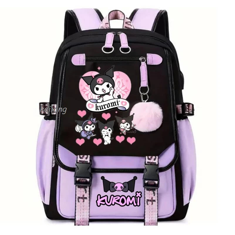 Lovely Kuromi Melody Backpacks USB Cartoon Purple Printed Boy Girls School Bag Students Bookbag Teens Women Mochila Escolar Niña