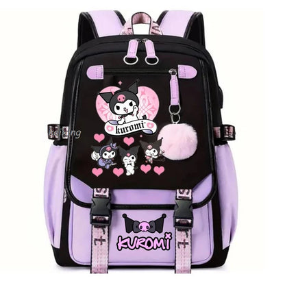 Lovely Kuromi Melody Backpacks USB Cartoon Purple Printed Boy Girls School Bag Students Bookbag Teens Women Mochila Escolar Niña