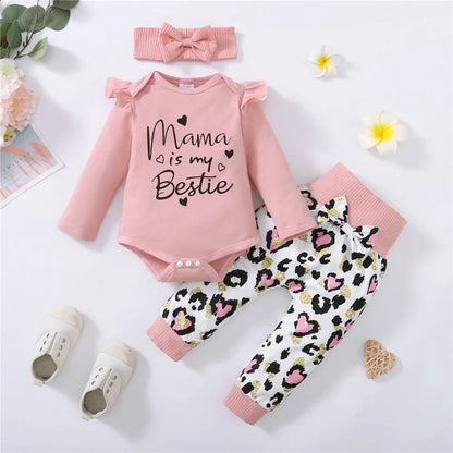 3PCS Newborn Baby Girl Daily Clothes Set Mama Print Long Sleeve Romper Top+Love Heart Print Pant+Headband Lovely Autumn Outfit