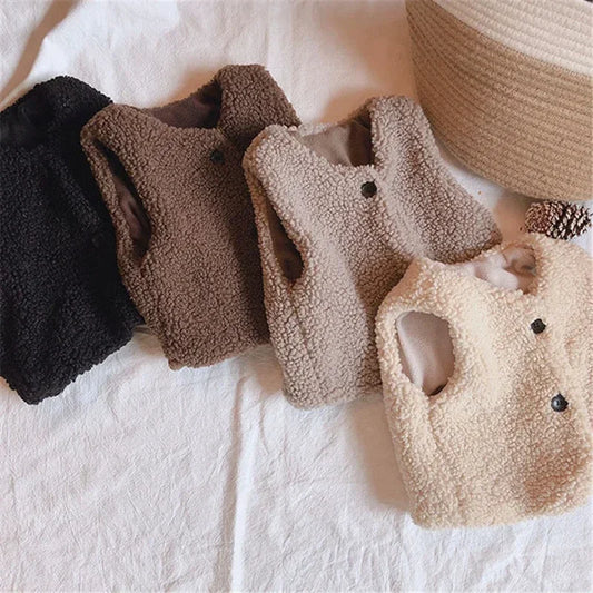 Autumn Winter Baby Lamb Wool Plus Velvet Waistcoat Girls Boys Plush Vest Single Breasted V Neck Child Warm Fashion Warm Coat