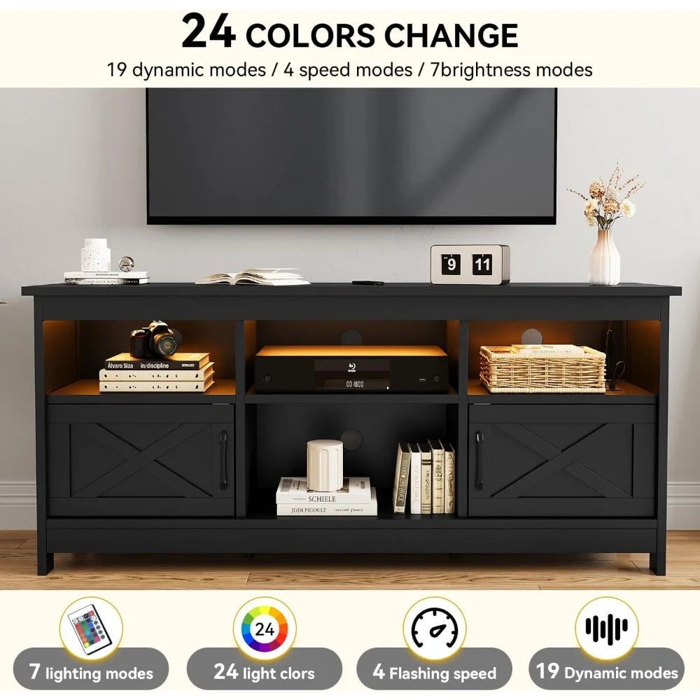 Farmhouse TV Stand for TVs Up To 65 Inch, Modern Entertainment Centre with Power Outlet, TV Shelf with Storage Cabinet