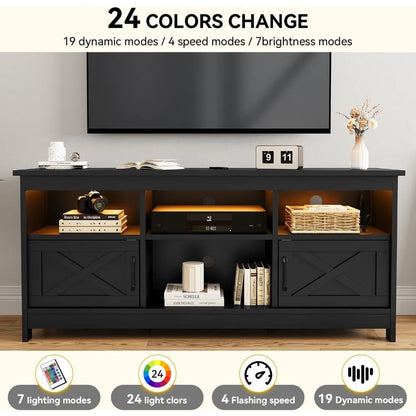 Farmhouse TV Stand for TVs Up To 65 Inch, Modern Entertainment Centre with Power Outlet, TV Shelf with Storage Cabinet