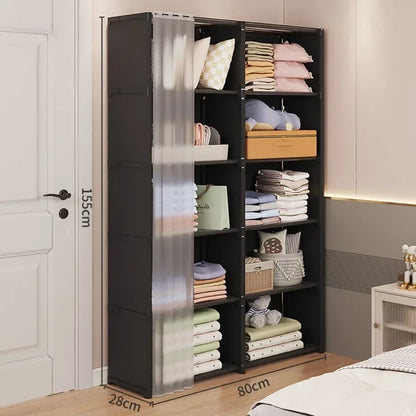 Dustproof Wardrobe Multi-Layer Storage Rack with Curtains Simple Bookshelf Bedroom Wardrobes Large Capacity Fcloset Organizer