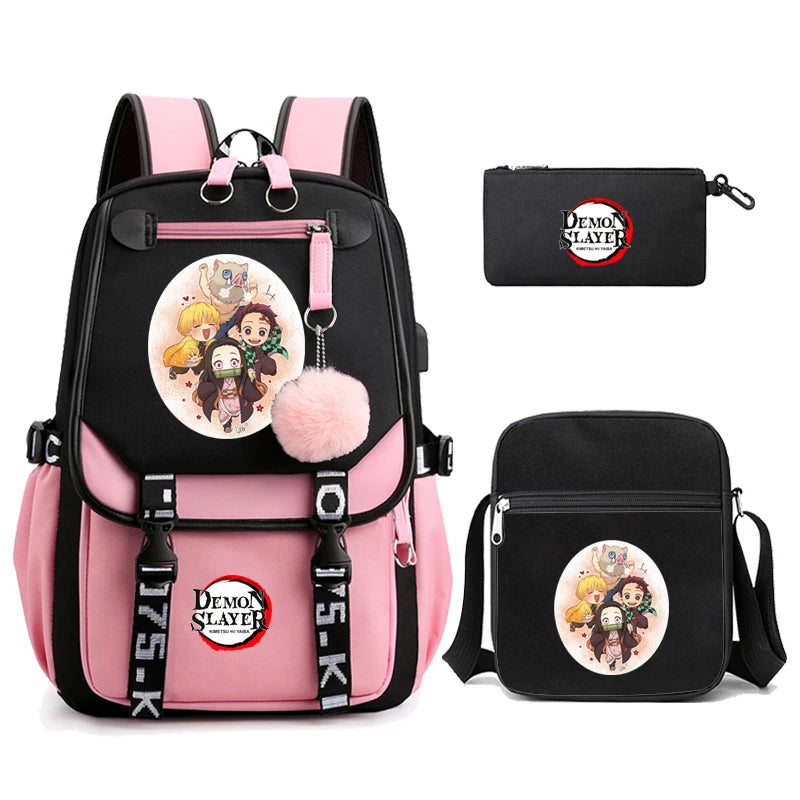 3Pcs/set Anime Kamado Nezuko Demon Slayer Backpacks for Girls School Bag Teenager Student Canvas Laptop Back Pack Women Rucksack