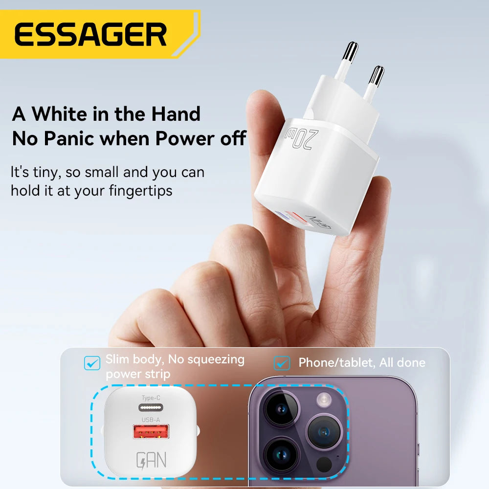 Essager 20W GaN USB Type C Charger PD Fast Charge Phone QC 3.0 Quick Chargers For iPhone 14 13 12 11 Pro Max Mini iPad Charging