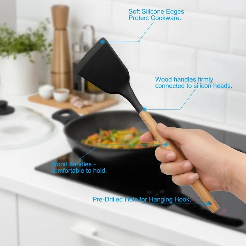 Cooking Utensils Set of 12 Silicone Kitchen Utensils With Solid Wood Handles and a Holder Bucket