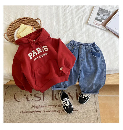 Korean Style Loose Letter Print Hooded Newborn Baby Hoodies Long Sleeve Autumn Winter Infant Sweatshirt for Boys Girls