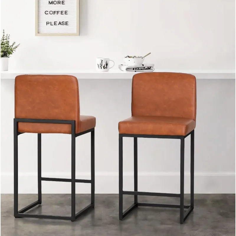 Black Counter Height Bar Stools Set of 2 for Kitchen Counter 24 Inch Faux Leather Upholstered Barstools with Back Modern