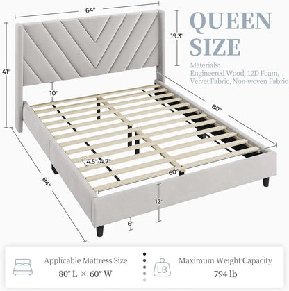 Bed Frame Upholstered Platform Bed with Wing Side/Wooden Slat Support/Tufted Headboard with Wing Side/Mattress Foundation