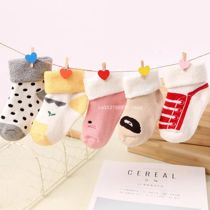 5 Pairs Autumn Winter Warm Strip Baby Sock Cute Cartoon Dot Thick Infant Floor Sock Soft Star Pattern Newborn Toddler Sock