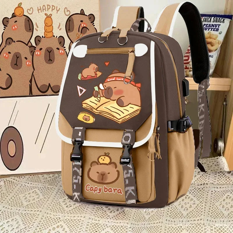 Cute Capybara Backpack Waterproof Large-Capacity Multi-Compartment Backpack Animal Print School Bag Capybara Plush Toy Included