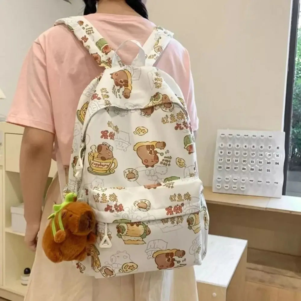 Kawaii Cartoon Capybara Backpack Funny Large Capacity Capybara School Bag Nylon Handbag Student Laptop Bag NO Pendant