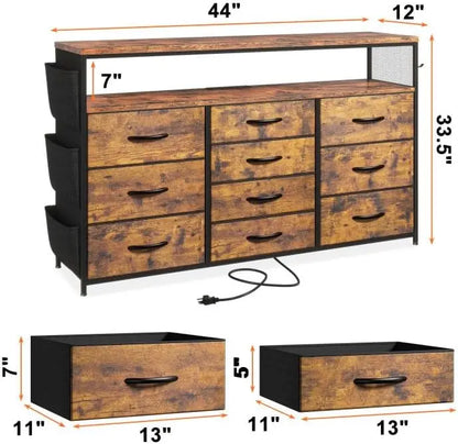 Dresser TV Stand with 10 Drawers for 55" TV Stand for Bedroom with LED Lights & Power Outlets Wide Dresser for Bedroom