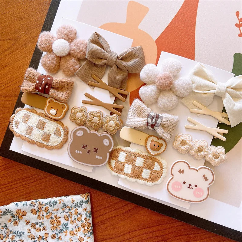 9Pcs/Lot Cartoon Baby Girls Hair Clips Korean Fabric Bow Flower Bear Hairpin Autumn Plush Barrettes Kids Hair Accessories