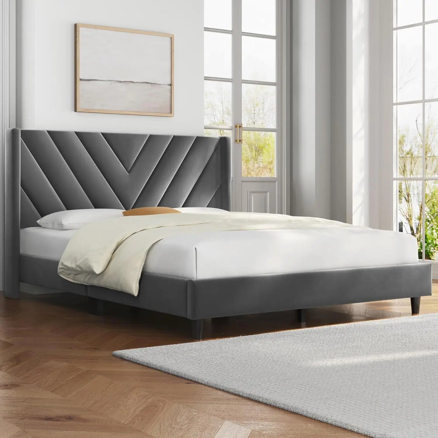 Bed Frame Upholstered Platform Bed with Wing Side/Wooden Slat Support/Tufted Headboard with Wing Side/Mattress Foundation