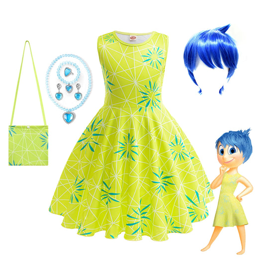 Movie Inside Out Joy Cosplay Costume Princess Dress+Wig For Kids Girls Halloween Carnival Birthday Green Printed Party Frocks